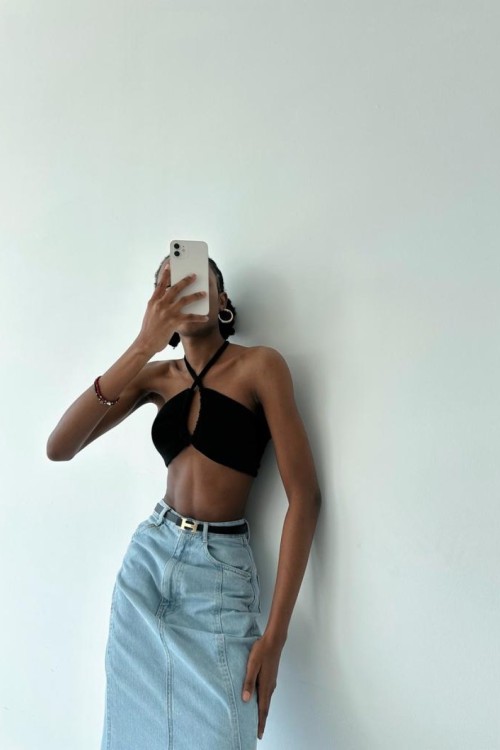 Linda Yüksek Bel Midi Boy Jean Etek Mavi