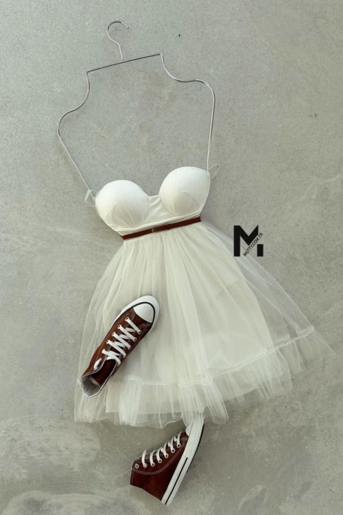 Carol Gloplu Tasarım Tül Elbise  Beyaz