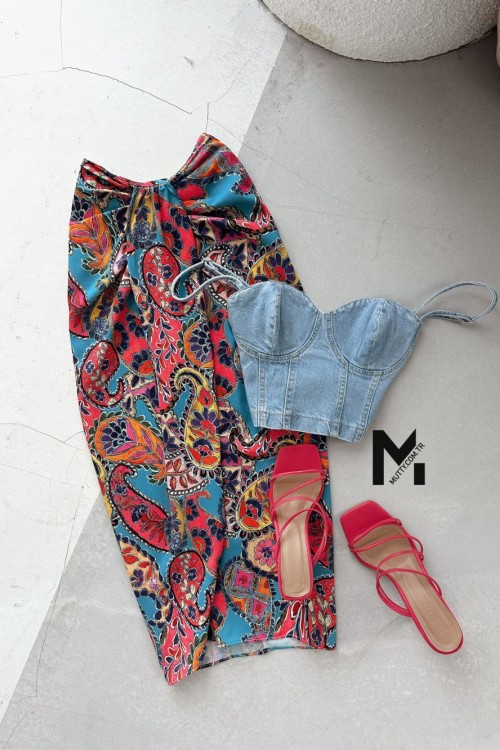 Oksana Etnik Desen Etek  Mavi