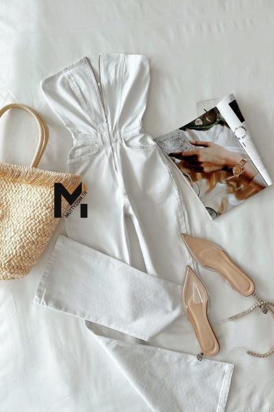 Alina Bol Paça Fermuarlı Straplez Tulum Beyaz