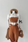 Kety Pantolon+Crop Rahat Kalıp Bohem Takım Kahverengi