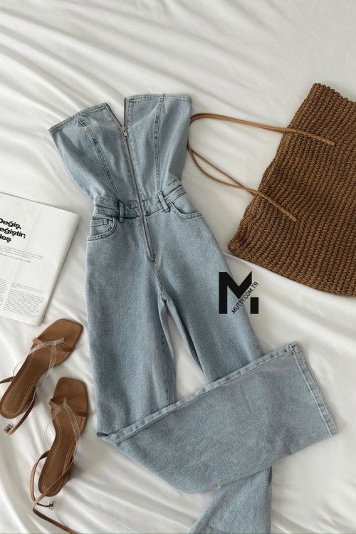 Alina Bol Paça Fermuarlı Straplez Tulum Mavi