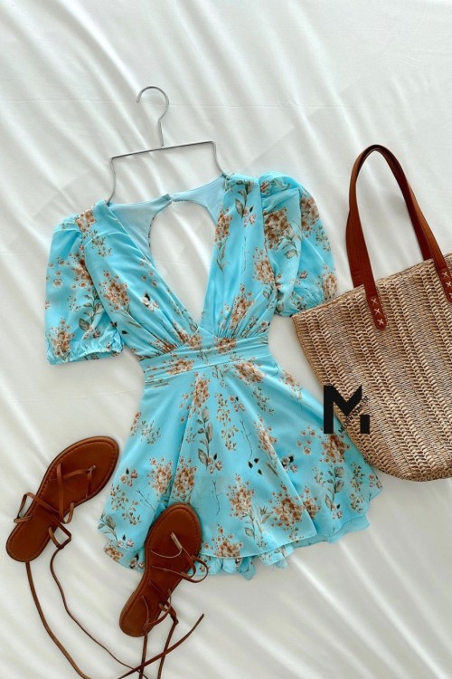 Fernanda Çiçekli İçi Astarlı Şortlu Tulum Mavi