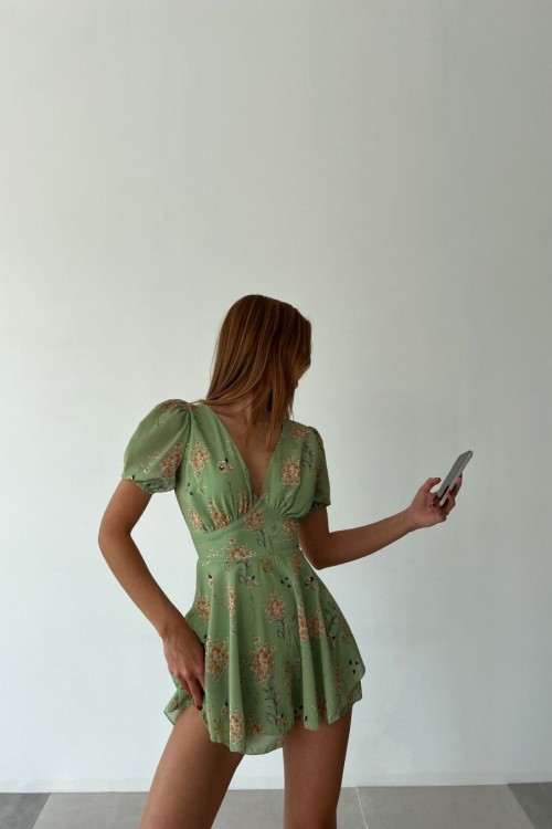 Fernanda Çiçekli İçi Astarlı Şortlu Tulum Yeşil