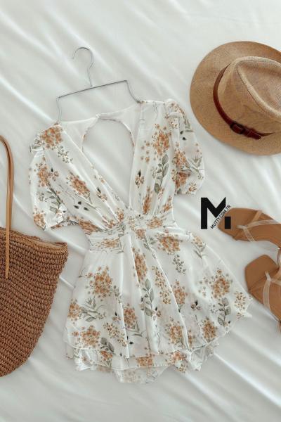 Fernanda Çiçekli İçi Astarlı Şortlu Tulum Bej