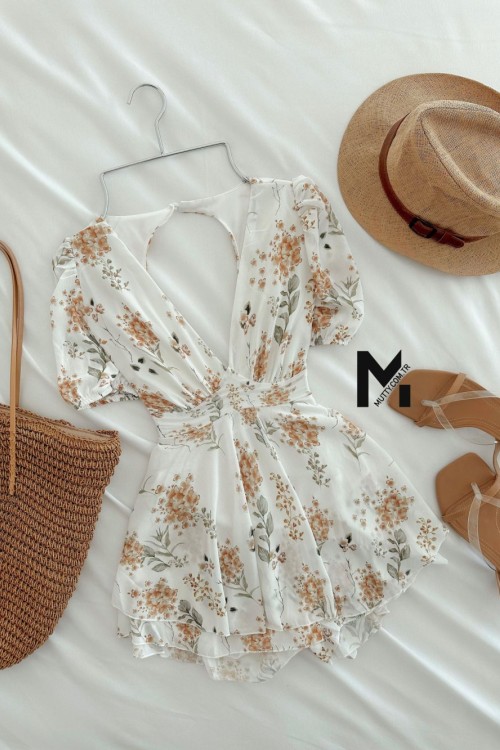 Fernanda Çiçekli İçi Astarlı Şortlu Tulum Bej