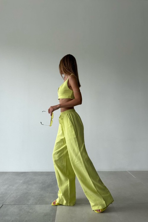 Juli Yüksek Bel Keten Pantolon+Crop Takım Fıstık Yeşili