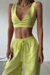 Juli Yüksek Bel Keten Pantolon+Crop Takım Fıstık Yeşili