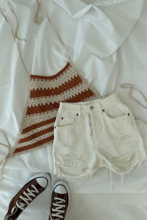 Sophie Bağlamalı Crochet Crop Ekru Taba