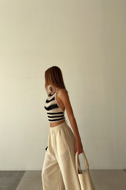 Sophie Bağlamalı Crochet Crop Siyah Beyaz