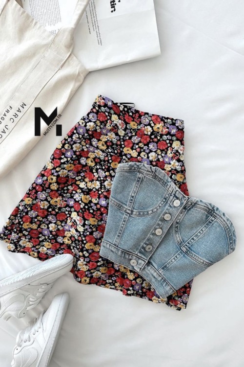 Dinna Çiçekli Yüksek Bel Etek Pembe