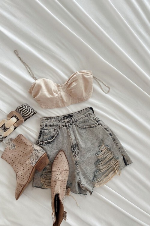 Rowena Taş Askılı Keten Crop Plus Size Bej