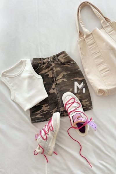 Hobby Yarım Fermuar Kamuflaj İthal Etek Plus Size Haki