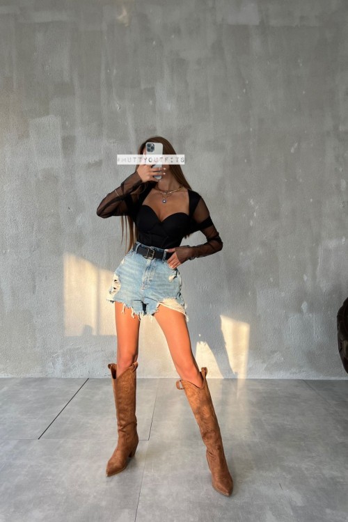 Suzanna Yırtık Denım Şort Plus Size Mavi