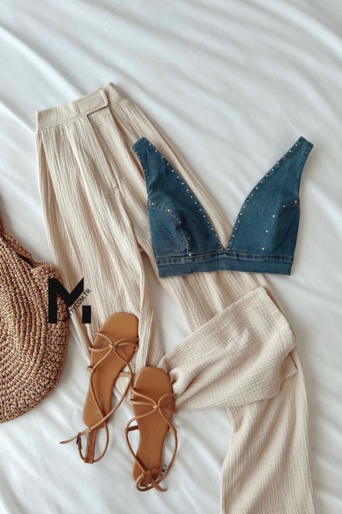 Gely Troklu Kalın Askılı Jean Crop Mavi