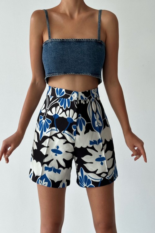 Liana Yüksek Bel Etnik Desen Şort Mavi