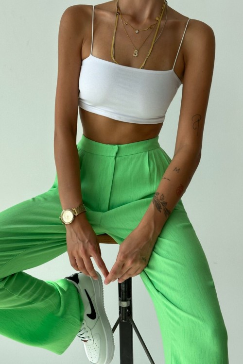 Chisel Yüksek Bel Ham Keten Palazzo Pantolon Fıstık Yeşili