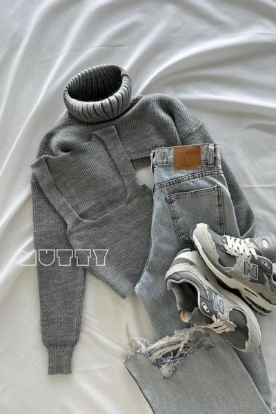 Silana İkili Tasarım Kazak Gri