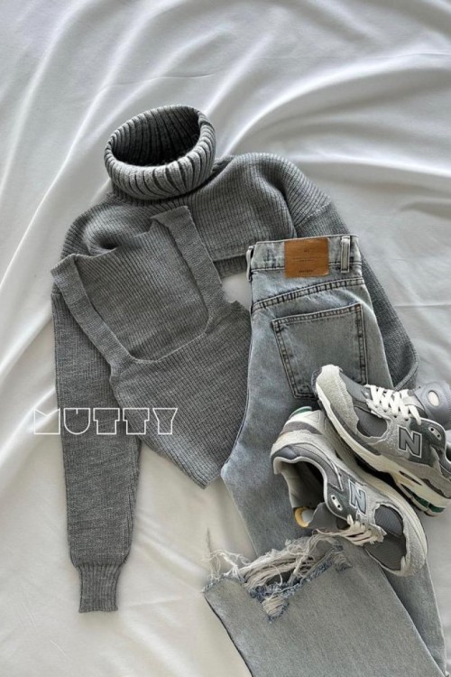 Silana İkili Tasarım Kazak Gri