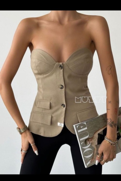 Rebeka Gloplu Straplez Ceket Bluz Bej