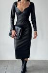 Yolande Gloplu Midi Boy Deri Elbise Siyah