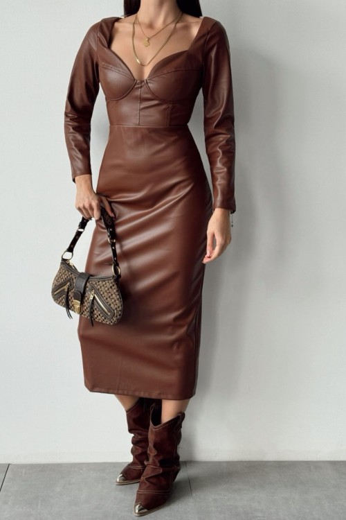 Yolande Gloplu Midi Boy Deri Elbise Taba