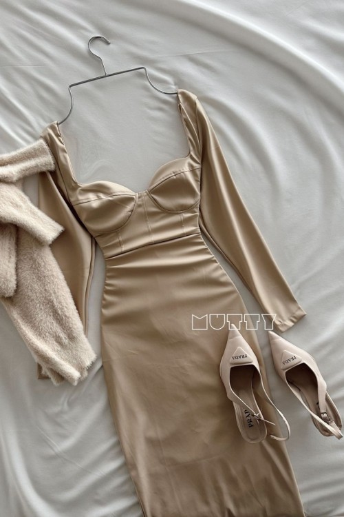 Yolande Gloplu Midi Boy Deri Elbise Bej