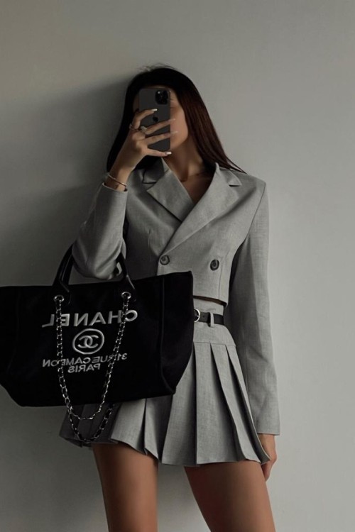 Zoe Blazer+Etek Tasarım Takım  Gri