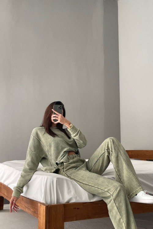 Beatriz 3lü Yıkamalı Eşofman Takımı Yeşil