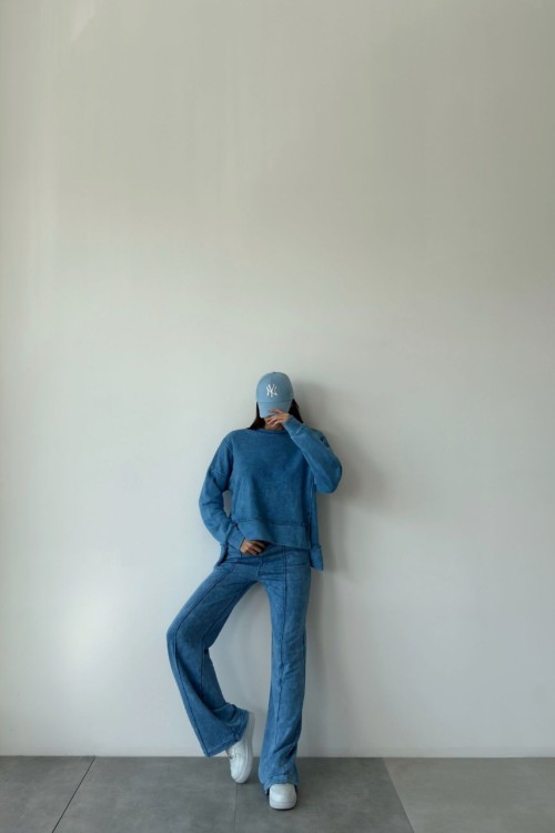 Beatriz 3lü Yıkamalı Eşofman Takımı Mavi