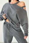 Zelia Omuz Dekolteli Yıkamalı Eşofman Takımı Antrasit