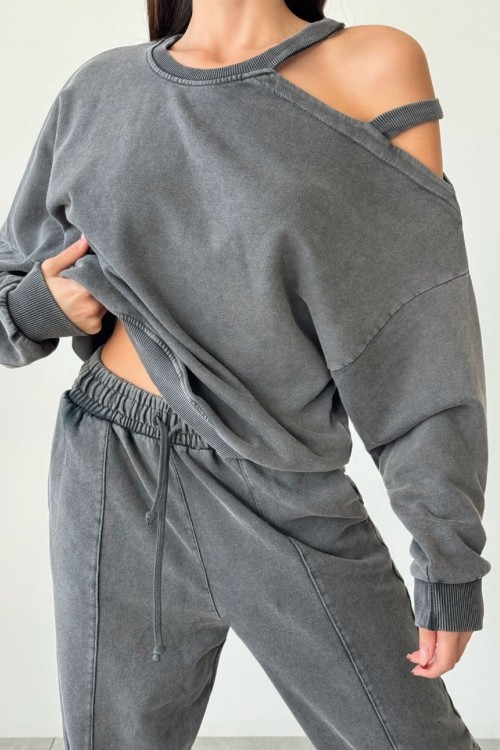 Zelia Omuz Dekolteli Yıkamalı Eşofman Takımı Antrasit