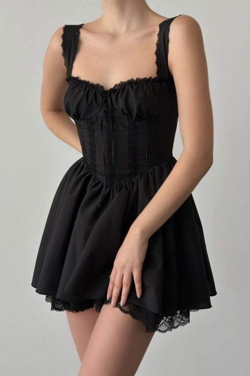 Lorisa Pamuk Poplin Sırtı Korseli Elbise Candy Siyah   Siyah
