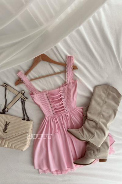 Lorisa Pamuk Poplin Sırtı Korseli Elbise Candy Açık Pembe Açık Pembe