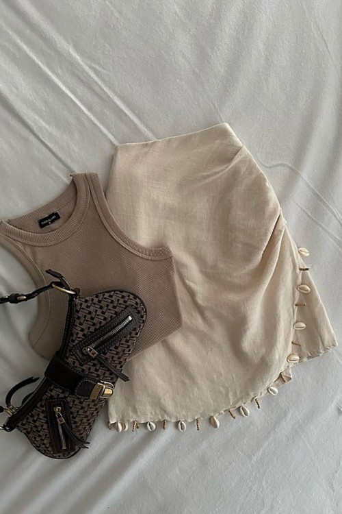 Jose Ham Keten Taşlı Etek  Bej