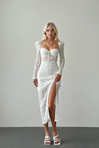 Nery Gloplu Dantelli Maxi Elbise  Beyaz