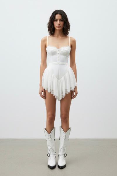 Amsterdam Dantel Detaylı Gloplu Elbise  Beyaz