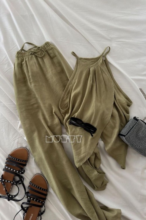 Ania Tasarım Keten Takım   Yeşil