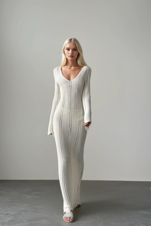 Ana Ajurlu Triko Uzun Maxi Elbise Ekru