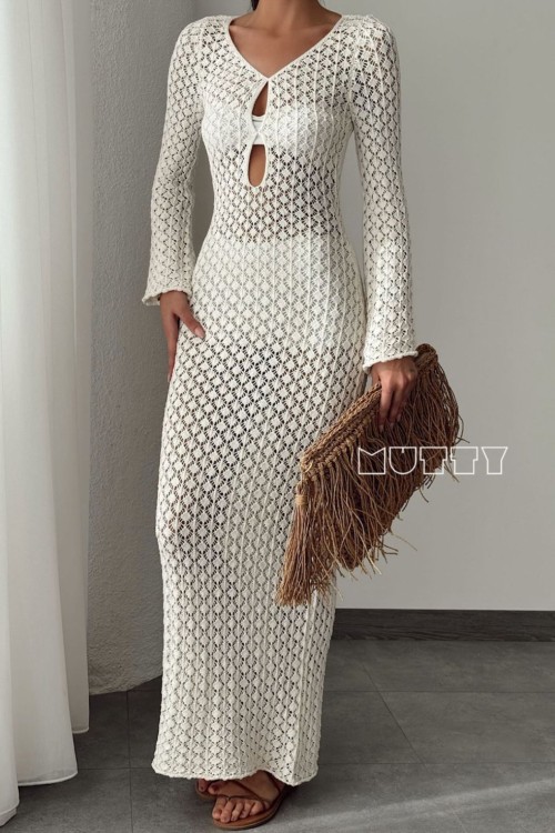 Camila Ajurlu Bohem Triko Elbise  Ekru