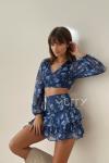 Leylie Şifon Cicekli Crop Bluz Etek Takım  Mavi