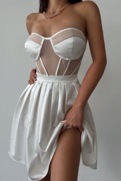 Ashley Gloplu Transparan Tasarım Elbise Beyaz