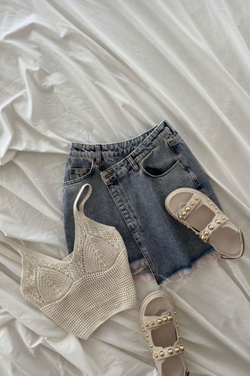 Alise Püskül Detay  Jean Etek Mavi