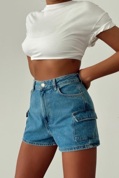 İlze Yüsek Bel Denım Kargo Şort  Mavi