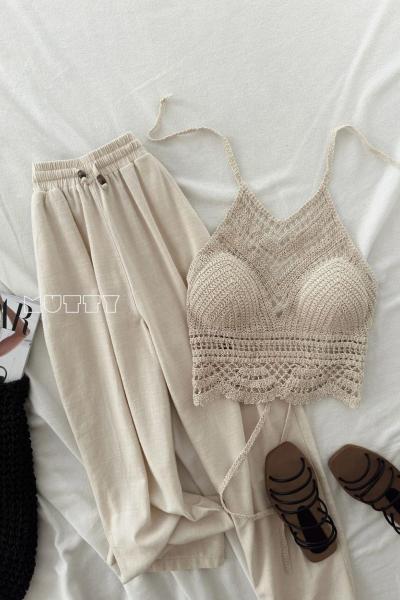 Lian Keten Beli Lastikli Pantolon  Bej