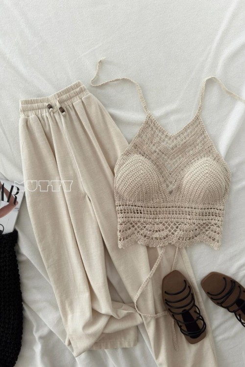 Lian Keten Beli Lastikli Pantolon  Bej