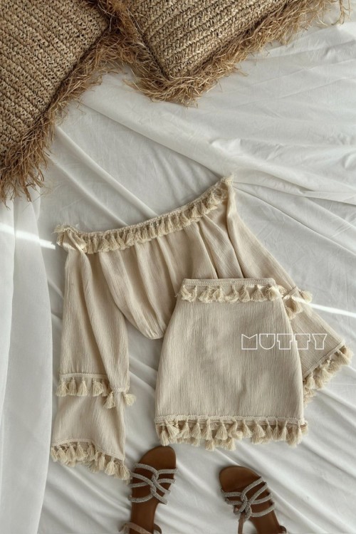 Olina %100 Pamuk ,Prenses Bluz + Etek 2 li Set Bej