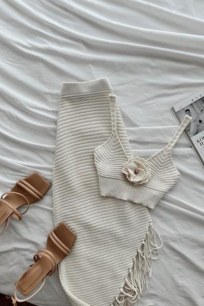 Keitha Etek+Crop İkili Triko Takım  Ekru