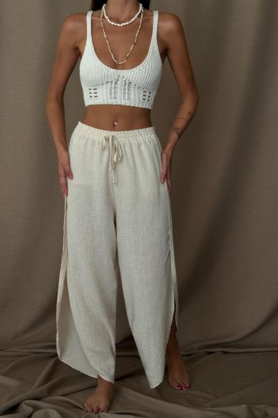 Quinn Ham Keten Bohem Pantolon Ekru