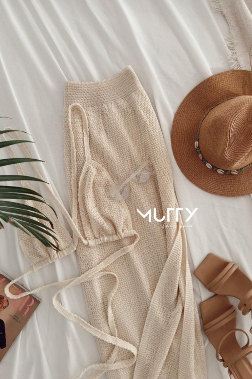 Sage Crop+Etek Triko Takım  Krem